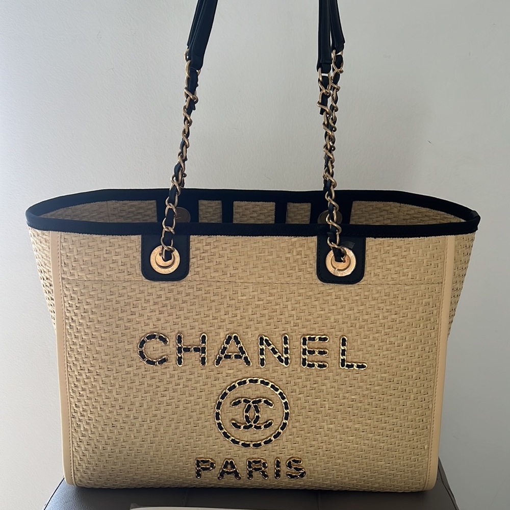 Straw Raffia Calfskin Chain Small Deauville Tote Beige Black